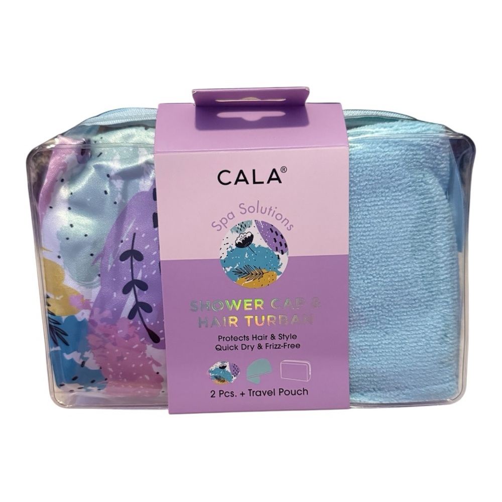 Spa Solutions Shower Cap & Hair Turban Set - Light Blue and floral print